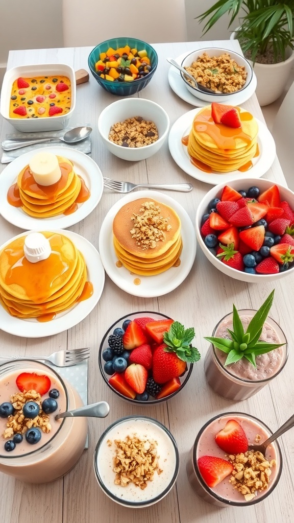 A breakfast spread with casserole, pancakes, fruit salad, and smoothie bowls for 9 people.